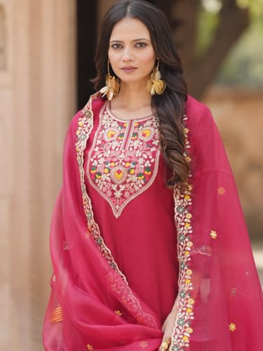 Image of VredeVogel Kurta Set with Dupatta | Viscose Rayon Embroidered Kurta Set for Women | Women's Ethnic Casual Kurti Set |Kurta Pant Festive Suit