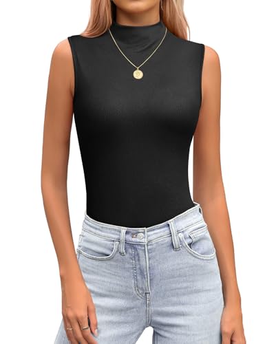 JUSTFASHIONNOW Mock Turtleneck Sleeveless Tops High Cowl Neck Stretchy Relax Fit Casual 2026 Summer Layer Tank Top(Black Large)