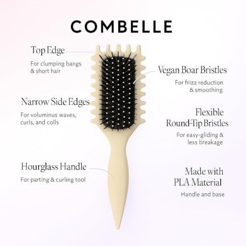 Image of Combelle 5-in-1 Curl Hair Brush | Vegan Boar Bristles | Bio-Based PLA Handle | Detangling, Defining & Frizz Control for Curly & Wavy Hair | For Men & Women - Beige (Pack of 3)