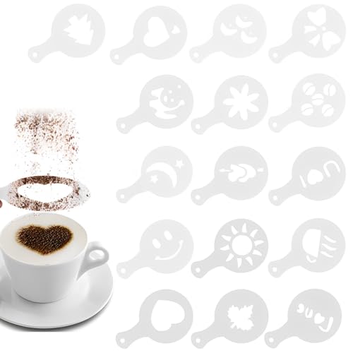 Quesuc 16 Pièces Pochoirs Pour Latte Art Et Gâteau Kaffeezubehör En Plastique Pochoirs De Décoration Pour Café Et Gâteau (Environ 8.5 Cm De Diamètre)