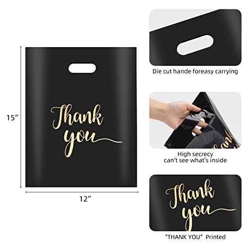 LoveBB 100 Pcs Thank You Merchandise Bags for Small Business, 2.36Mil Thickness 12x15 Inch Plastic Retail Shopping Bags with Handle for Goodie, Gift, Stores, Boutique, Clothing (Black) - Thumbnail 2