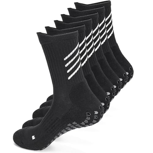 Gogogoal Anti-slip Grip Football Socks Men Women Cotton Cushioned Breathable Moisture wickking Non-slip Athletic Socks for Rugby Soccer Yoga Gym 3-pairs 5-8 Black02 M