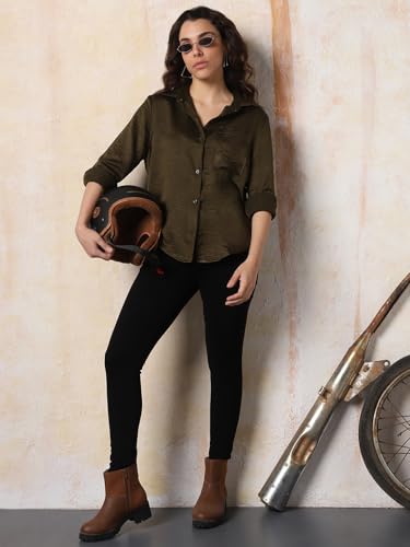 Image of High Star Women Boxy Spread Collar Long Sleeves Solid Shirts 43
