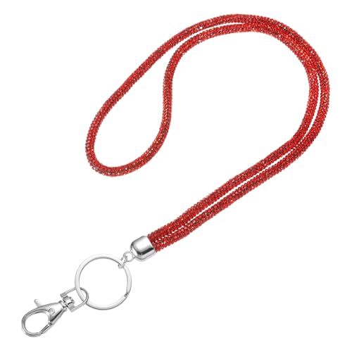 Lanière à strass pour téléphone portable rouge 80 cm avec porte-clés et badge d'identité