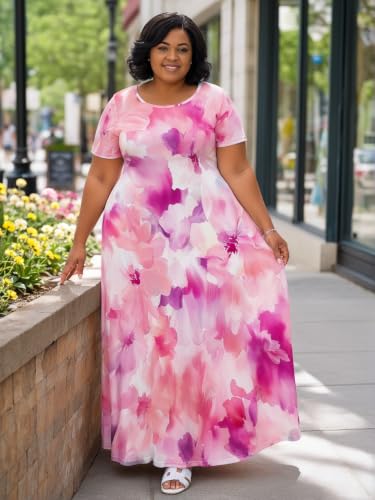 Image of PinkPatty Plus Size Dress for Women Casual Crew Neck Short Sleeve Maxi Dress Oversized Summer Beach Dresses with Pockets
