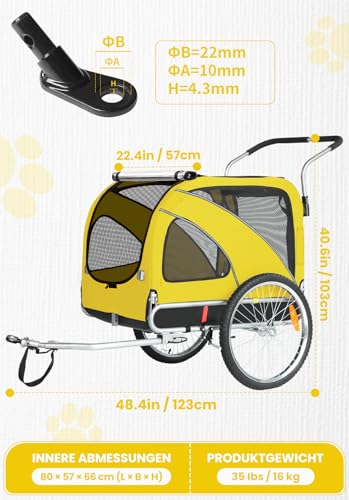 Hunde Fahrradanhänger XL, 2 in 1 Hundeanhänger & Jogger mit Reflektor und Bremse, 600D Oxford Canvas, maximale Belastung 40kg-Gelb