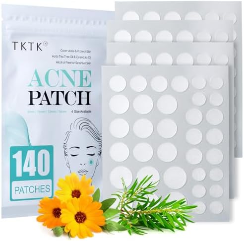 TKTK Pimple Patch Acne Patch, 4 Sizes 140 Patches FSA Acne Absorbing Cover Patch, Hydrocolloid Invisible Acne Patches for Face Zit Patch Acne Dots Tea Tree, Calendula Oil