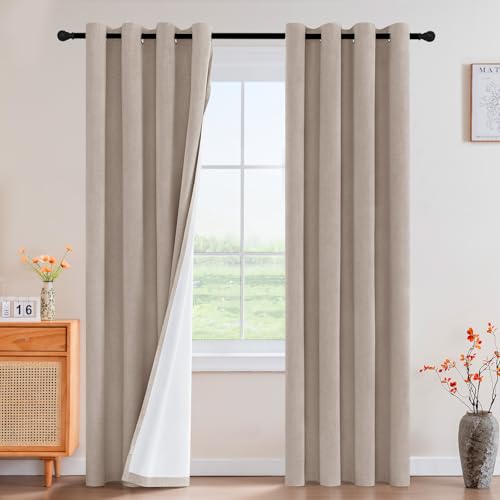 Image of PrinceDeco Linen Blackout Curtains 90 Inch Length Room Darkening Curtains with Natural Slubs & Grayish (Not Solid) Black Out Curtains for Bedroom Full Light Blocking Drapes - Heathered Sand