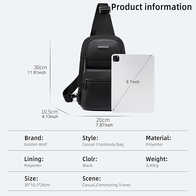 Image of Golden Wolf Sling Backpack for Men Cross Sling Bag for 9.7inch Tablet Office Handgun Bag Chest Bags Sleek Single Shoulder Bag Multi-pocket Water-resistant One Side Bag for Work Casual Daily Use, Black