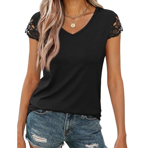 Image of Womens Tops V Neck Short Sleeve T Shirts Womens Summer Tops Casual Soft Basic Lace Tops Spring Summer Tees Clothes 2026