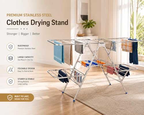 Image of KITCHIVO Foldable Stainless Steel, 4 Layer Laundry Drying Stand, Heavy Duty Garment Dryer for Indoor & Outdoor Use, Space Saving Balcony Cloth Drying Stand (Zig-ZEG)