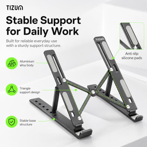 Image of Tizum Ergonomic Laptop Sand Riser /iPad Holder with 7 Adjustable Angles|Imported-CNC Cut,Fully Foldable & Portable|Tabletop,Premium Aluminum,Sturdy Base,Fast Heat Dissipation for Laptops 15.6 inch (Black)