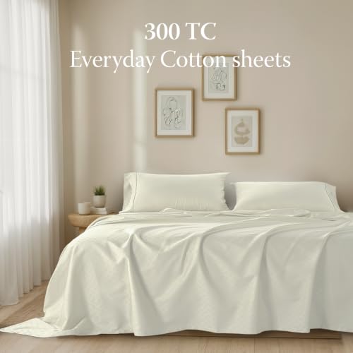 Image of Threadmill 300 Thread Count Cotton Full Sheet Set, Sateen, Jacquard, Ivory | 100% Cotton, Sateen Weave, Jacquard Pattern, 4-Piece Set, 16 inch Deep Pocket, Cooling, OEKO-TEX Certified, Machine Washable