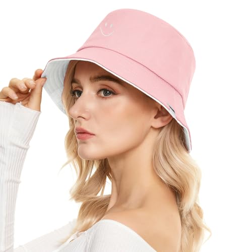 Image of Unisex Bucket Hats Beach Summer Sun Hat with UV Protection for Women Men Pink-White SmileyWorld