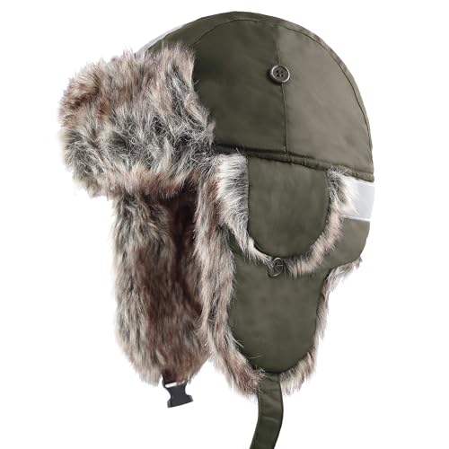 Image of Faux Fur Safety Reflective Aviator Trapper Hat Snow Ski Trooper Winter Cap