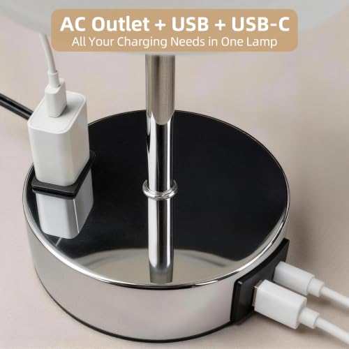 Image of Table Lamp, Dimmable Touch, AC Outlet, USB A+C (White&Silver) | 3-Way Dimmable, Small Touch Lamp with Eye-Care LED Bulb, Ideal Bright Lighting Bedside Lamps for Nightstand, Bedroom, Reading