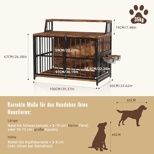 LitaiL Hundekäfig Möbel, Hundebox für Zuhause, 100x60x85 cm, Hundekäfig Holz mit Schwenkbaren Hundenäpfe, Hundehütte im Möbelstil mit Stauraum für Hunde bis 35KG