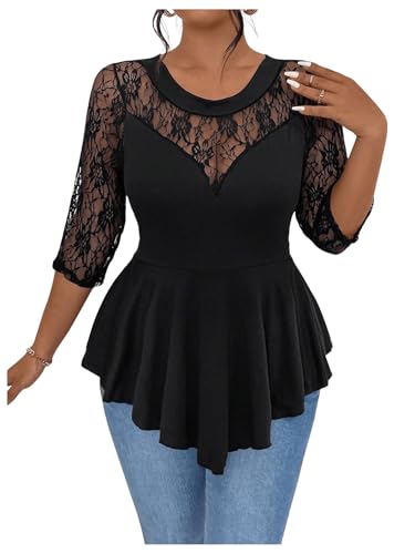 GORGLITTER Women's Plus Size Peplum Tops Sheer Mesh Lace Patchwork Tops Asymmetrical 3/4 Sleeve Crew Neck Tees Shirt
