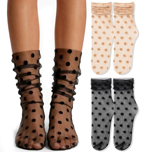 AmazingStone 2 Pairs Womens Sheer Mesh Slouch Socks Star Moon Embroidery See Through Tulle Crew Socks