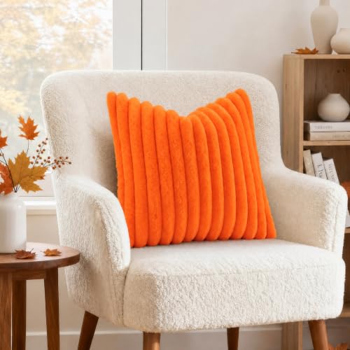 Image of decorUhome Fall Cozy Faux Fur Throw Pillow Covers 26x26 Set of 2 Decorative Soft Plush Striped Modern Farmhouse Boho Couch Euro Sham Pillow Cases with Velvet Back for Sofa Bed Living Room, Orange