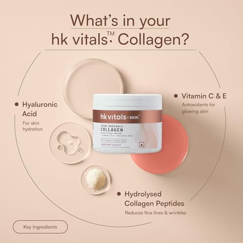 Image of hk vitals Marine Collagen Supplements Powder (Mixed Fruit, 100g) & Sipper Bottle (Grey, 300ml) Combo Pack | With Vitamin C & E | For Healthy Skin, Hair & Nails