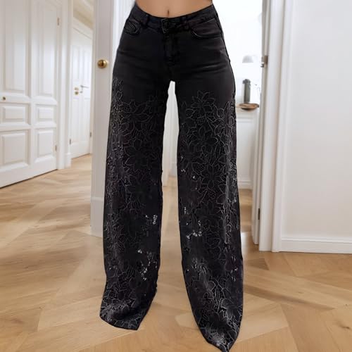 Women's Summer Lace Patchwork Hollow Jeans Casual Vintage Wide Leg Denim Pants High Waisted Trousers with Pockets2