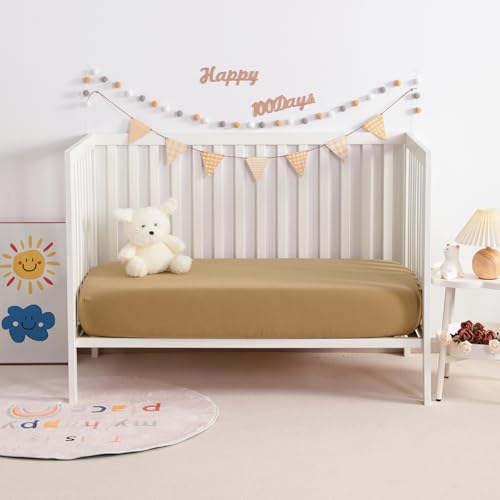 Image of NTBAY 2 Pack Muslin Cotton Mini Crib Sheets, Soft and Breathable Double Layer 24x38 Baby Crib Sheets for Mini Crib and Toddler Mattresses, Boys, Girls, Unisex, Brown, 24x38 Inches