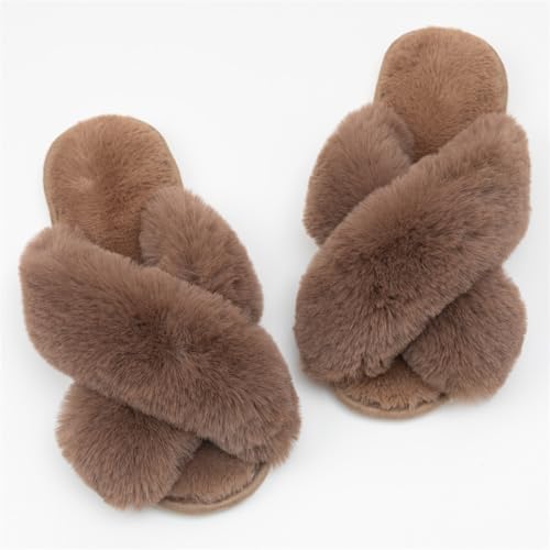 Image of Women's Cross Band Fuzzy Slippers Fluffy Open Toe House Slippers
