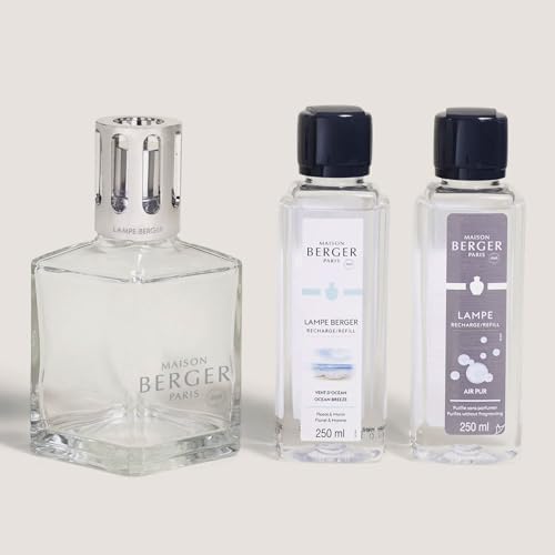 Maison Berger – Geschenkset Lampe Berger Essentielle Carrée mit 2 Nachfüllungen à 250 ml – Air Pur & Frische Ozeanbrise – Katalytische Duftlampe – Feine, Gleichmäßige Diffusion