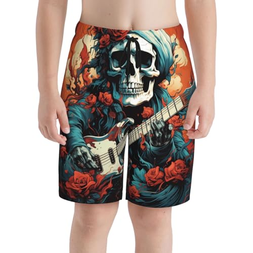 Boys Swim Trunks Beach Board Shorts Summer Bathing Suits Teen Kids, Skull Playing Guitar Cool Art3