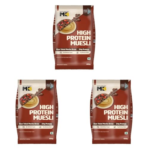 Image of MuscleBlaze High Protein Muesli (Blue Tokai Mocha Brew, 400g) | 24g Protein | With Raisins, Almonds & Super Seeds, High Protein Breakfast Cereals (Pack of 3)