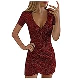 ZBYY Women's Sequin Mini Dress,Sexy Sequin Glitter Deep V Neck Ruched Shorts Sleeve Mini Party Clubwear Bodycon Dress
