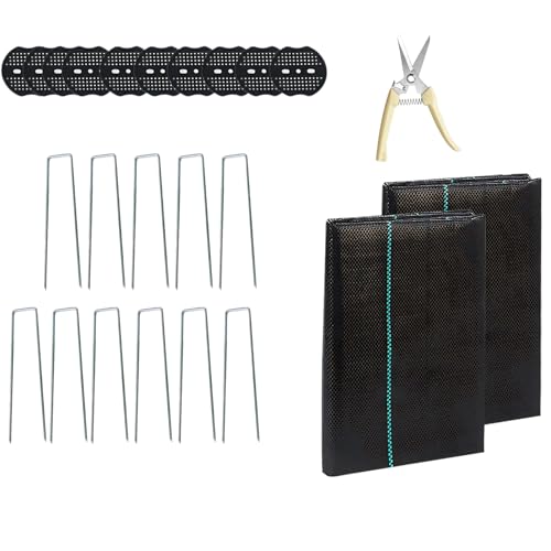 SAOTD 4 FTX100 FT Weed Barrier Fabric Heavy Duty, 4.23oz Landscape Fabric, with 60pcs U-Shaped Landscape Fabric Staples and 60pcsGarden Stakes Gaskets, 1 Shears