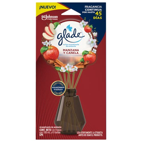 Glade Difusor de Aromas, Aromatizante para Hogar, Hasta 45 Días, Aroma Manzana y Canela, Frasco con 100 mL, 6 Varitas