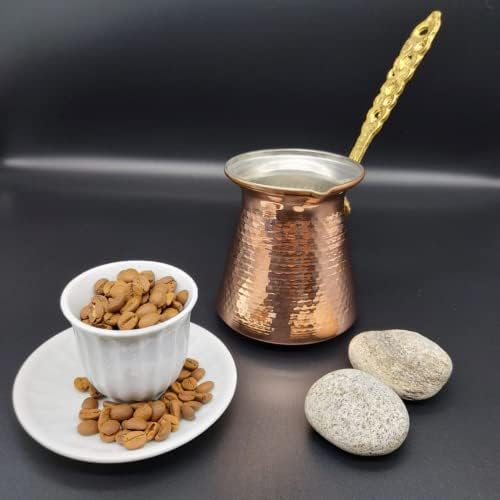 LEO Design Turkish Coffee Pot 5 Sizes, Coffee Maker Greek Arabic Coffee Stovetop Thick 3mm Solid Hammered Handmade Engraved Copper Cezve Ibrik Briki with Long Brass Handle for 2-8 Cup (2 Cup / 180ml)