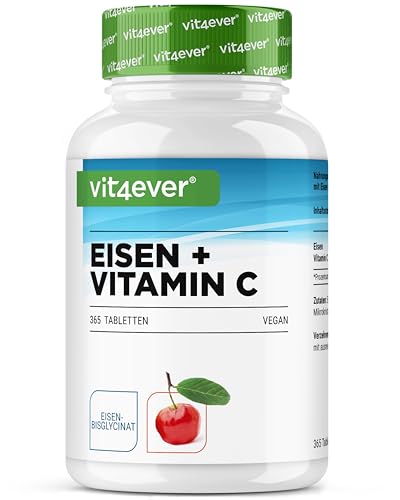 Hierro con 40 mg de vitamina C natural - 365 comprimidos de hierro - Alta biodisponibilidad gracias al complejo quelato (bisglicinato de hierro) - Alta dosis, vegano, sin aditivos indeseados
