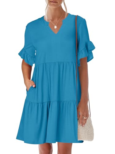Image of ANRABESS Women's Summer Casual Dress, V-Neck Ruffle Sleeve Tiered Mini Dress, Soft Comfy Fabric with Pockets for All-Day Wear