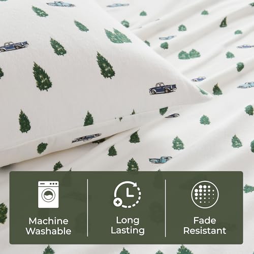 Image of Woolrich Cotton Sheet Set Cottage Charms Print, 100% Cotton Flannel Sheets Warm & Fuzzy Bedding Set Full Size Sheets, Fitted Pocket Fits Up to 12 inch Mattress, Full Green Trees /Trucks 4 Piece