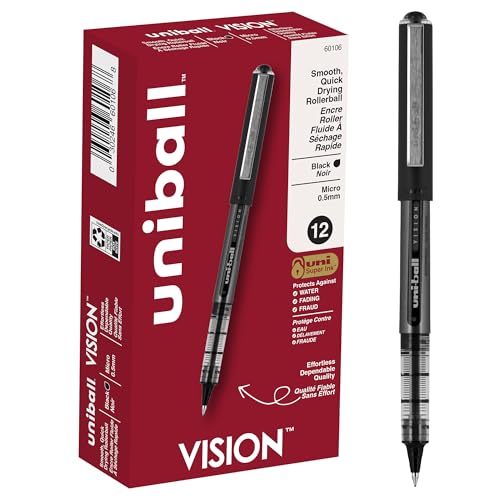 Image of Uniball Vision Rollerball Pen - 12 Pack, Black Pens, 0.5mm Micro Tip Size - Smooth Writing Japanese Pens, School Supplies