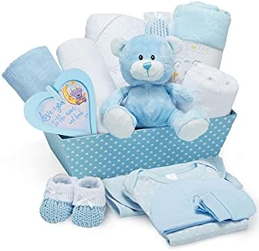 Newborn Baby Boy Keepsake Box - Blue, Hand Packed and Wrapped in Chiffon This Hamper Includes a Cute Teddy Bear, Knitted Booties, Bodysuit, Bib, Hat, Blanket, Hooded Towel and Hanging Plaque