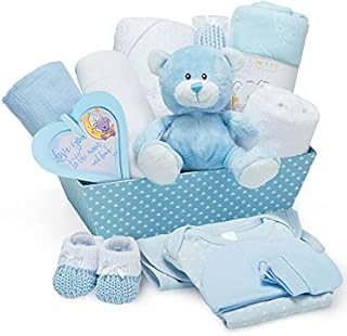 Newborn Baby Boy Keepsake Box - Blue, Hand Packed and Wrapped in Chiffon This Hamper Includes a Cute Teddy Bear, Knitted Booties, Bodysuit, Bib, Hat, Blanket, Hooded Towel and Hanging Plaque