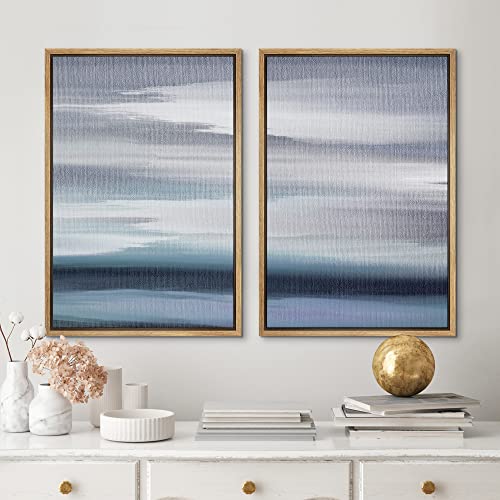 Mudecor Framed Canvas Print Wall Art Pastel Storm Cloud Blue Ocean Horizon Wilderness Nature Illustrations Modern Art Decorative Calm/Relax Multicolor Rustic Minimal For Bedroom - 16"X24"X2 Natural #TOP1
