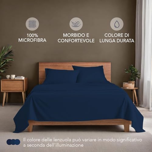 Dreamzie Lenzuola Matrimoniali 180x200 cm - Completo Lenzuola 4 Pezzi in Microfibre - Lenzuolo con Angoli - Lenzuola Sopra - 2 Federa 50x80 - Lenzuola Matrimoniali 180x200cm Blu Scuro - 3