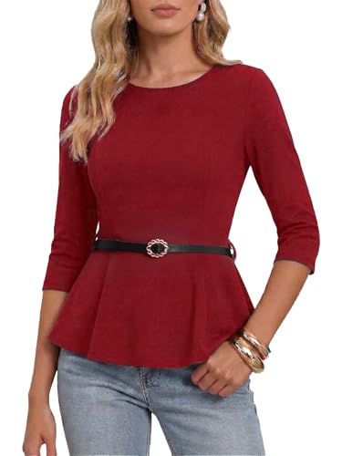 Haut péplum rouge à manches 3/4 avec ceinture Allegra K taille M