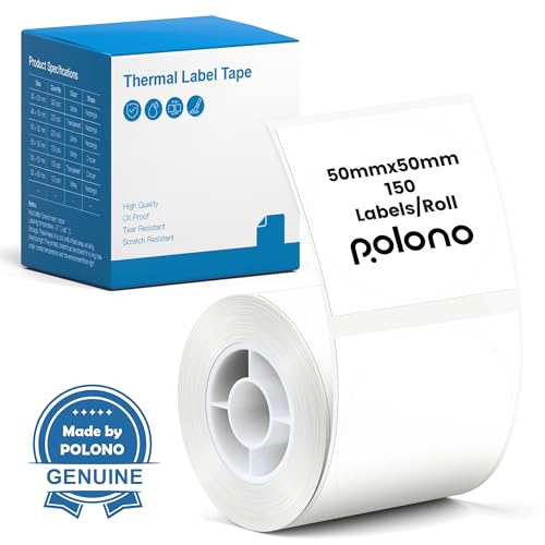 POLONO Thermal Labels for PM220S Label Maker, 2 inch (50mm) Round Thermal Label, Waterproof, Multi-Purpose Label Tape, 1 Roll of 150 Self-Adhesive Thermal Paper (White)