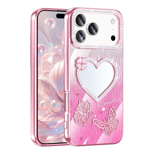 Coque iPhone 17 Pro Max rose papillon miroir le cadeau élégant idéal pour fille et femme