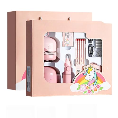Luulife 電気文具セット/子供用文房具セット 電動鉛筆削り/ホッチキス/電動消しゴム/デスク用掃除機/鉛筆 新学期の贈り物 お子様にぴったりのクリスマスプレゼント (ユニコーン-ピンク)