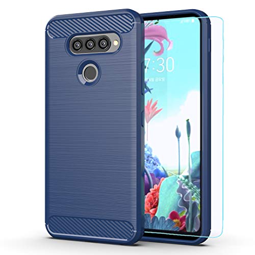 M MAIKEZI for LG Q70 case,with HD Screen Protector Soft TPU Slim Fashion Non-Slip Protective Phone Case Cover Compatible with LG Q70(Navy Brushed TPU)
