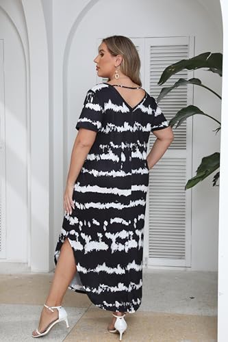Image of Women's Plus Size Maxi Dresses V Neck Casual Short Sleeve Loose Pocket Slits Long Dress XL-5XL