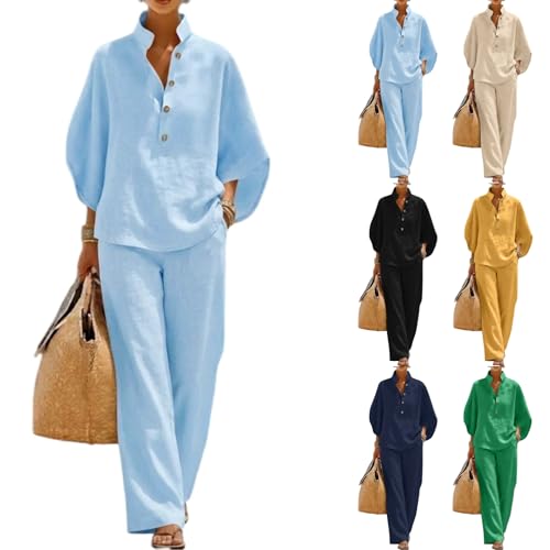 qvdvap Linen Women Set WomenS Batwing Sleeve Organic Linen Cotton Two Piece Set Casual Shirt & Wide Leg Pants Lounge Matching Sets 2026 Summer Beach Vacation Trendy Boho Outfits For Seniors